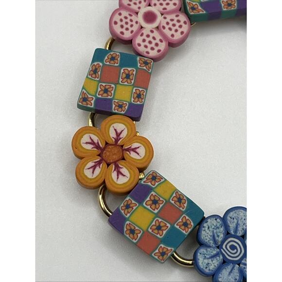 VTG Polymer Flower Checkered Y2K Bracelet Millefiori Gold Tone Link - Picture 4 of 7